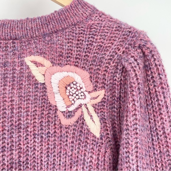 NWT LoveShackFancy Chunky Ridge Sweater with Floral Embroidery in Berry Size SM - Picture 11 of 15